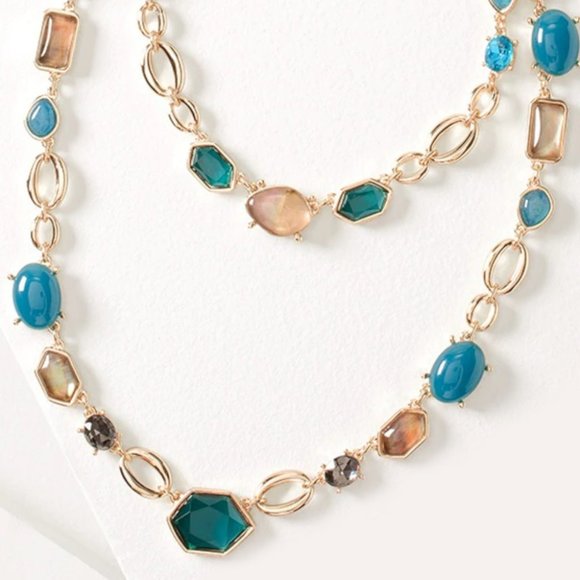 WHBM CONVERTIBLE Goldtone Blue GENUINE Gem Mix Double Row Statement Necklace - Picture 2 of 5